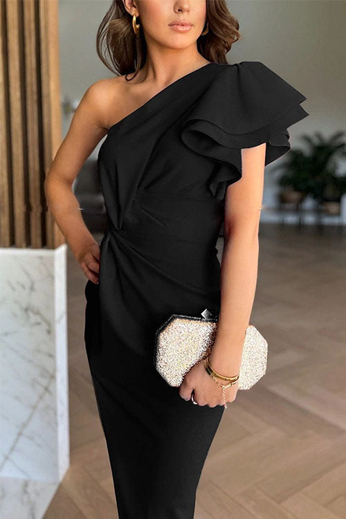 Caz Off-Shoulder Midi Dress with Ruffle Hems and Chic Slit