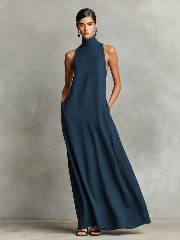 Women's Black Maxi Dress with Stand-Up Collar and Side Pockets, Timeless, Minimalist Casual Dress