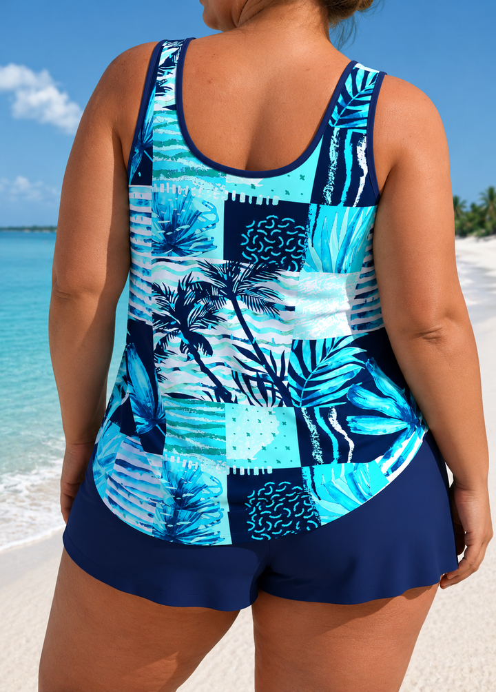 Megan - Plus Size Tankini and Shorts Set with Loose Fit and Leaf Print
