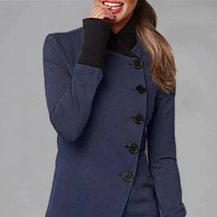 Women’s jacket with long sleeves, a stand-up collar, and buttons