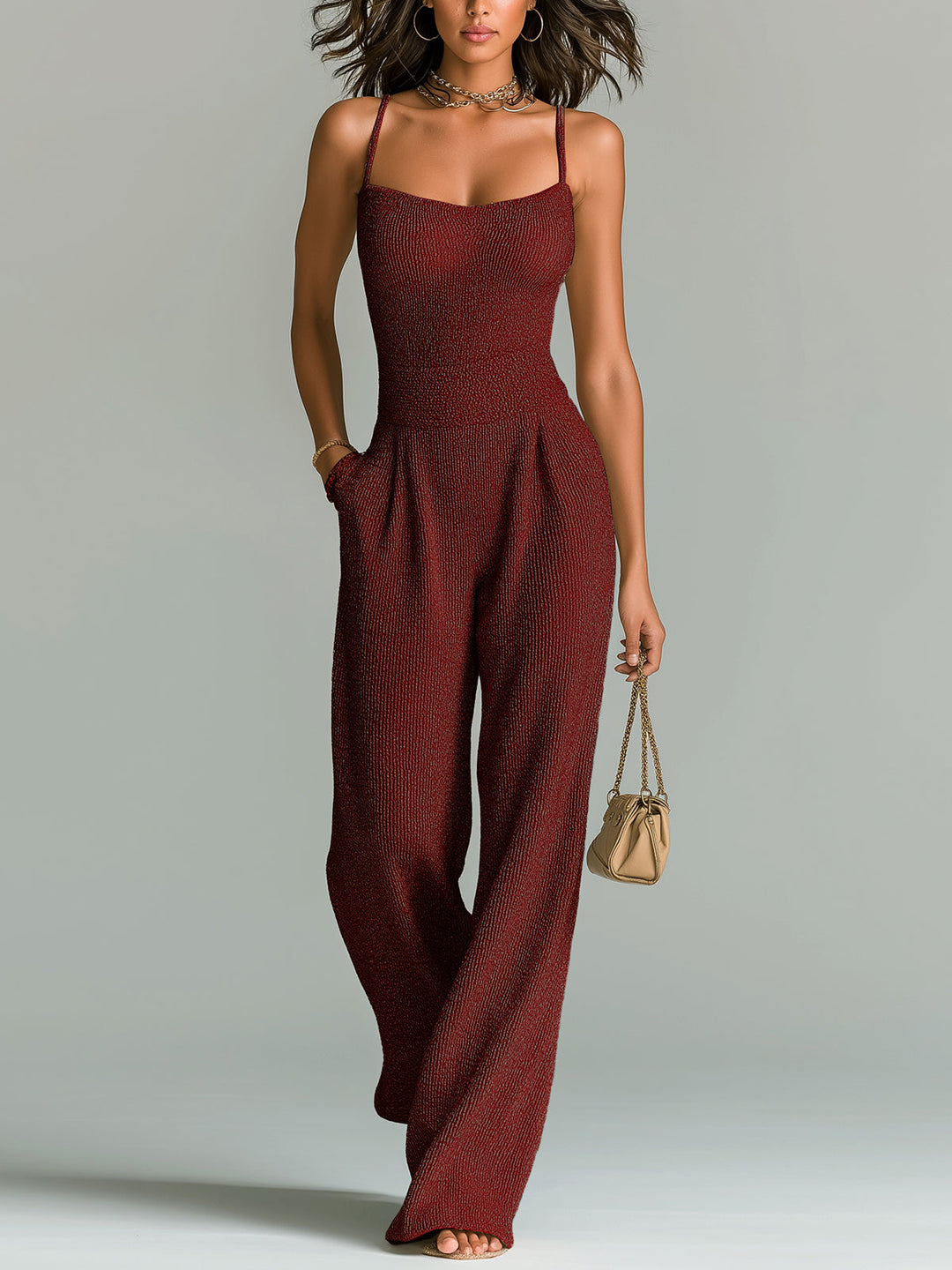 ElevenOra Stylish Camel Strappy Sleeveless Fitted Wide Leg Ribbed Knit Jumpsuit