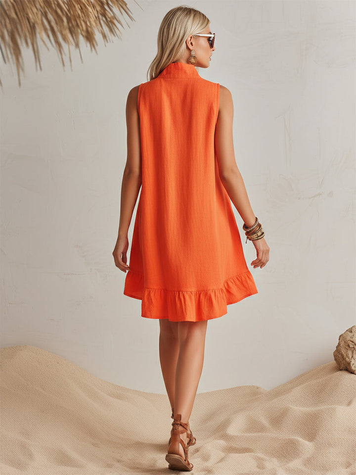 Bright Orange Linen Half-Zip Mini Dress with Ruffle Hem and Stand-Up Collar