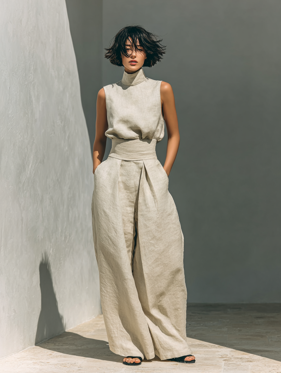 Women's Minimalist Sleeveless Blouse and Wide-Leg Pants Set