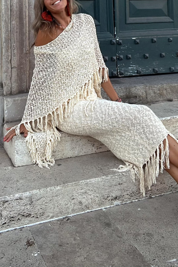 Sunset Breeze Tasseled Knit Cutout Cover-Up