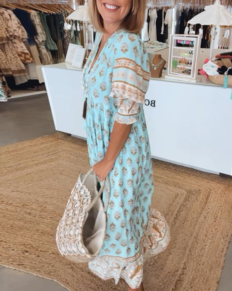 Giusy - Casual Printed V-Neck Dress With Half Sleeves