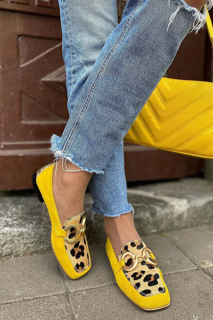 YELLOW LOAFERS WITH ANIMAL PRINT DETAIL