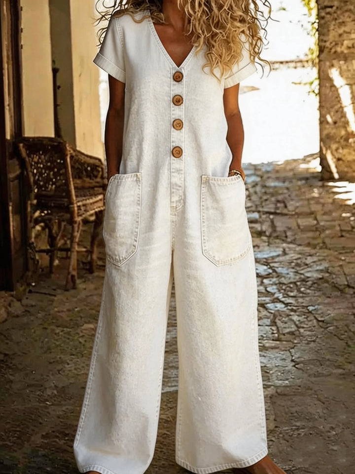 Denise | V-Neck Short Sleeve Denim Jumpsuit
