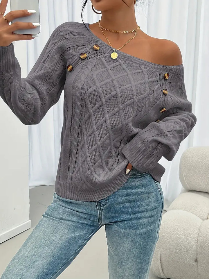 Lina - Cable Knit Long Sleeve Sweater, Casual Round Neck Pullover
