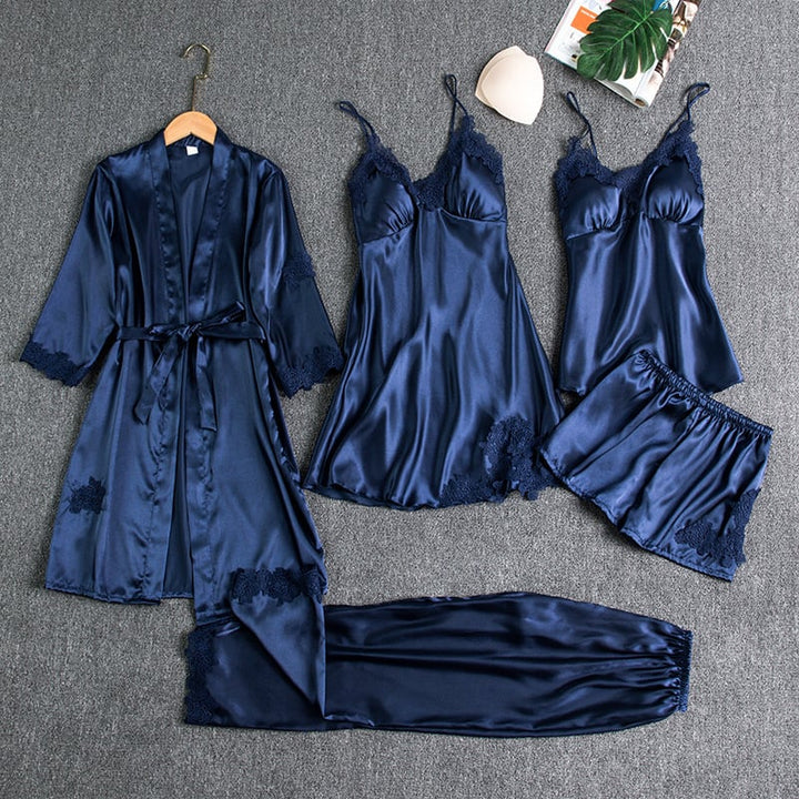 Elegant Women's Ice Silk Nightgown Set - 5 Pieces