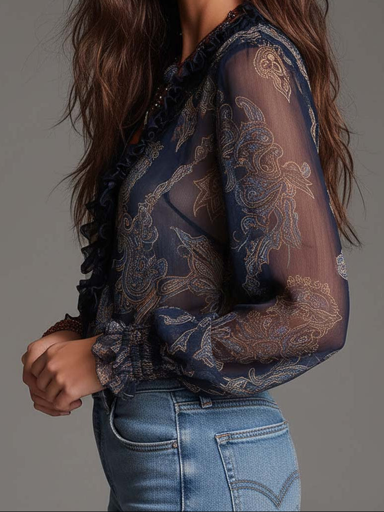 Elise | Ruffled Top with Baroque Paisley Print