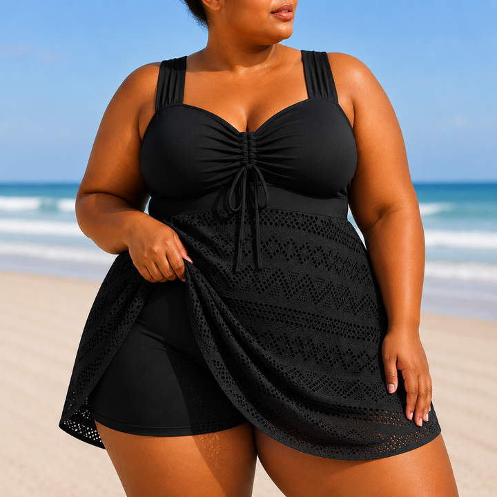 Elegant Women's Swim Dress Emille Plus Size with Flowing Overlay