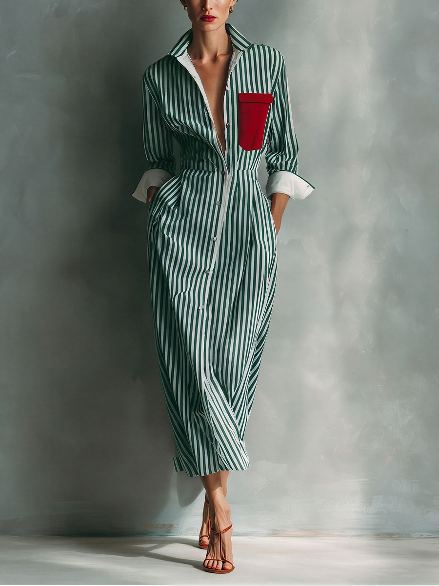 Women's shirt dress in blue and white with a red breast pocket