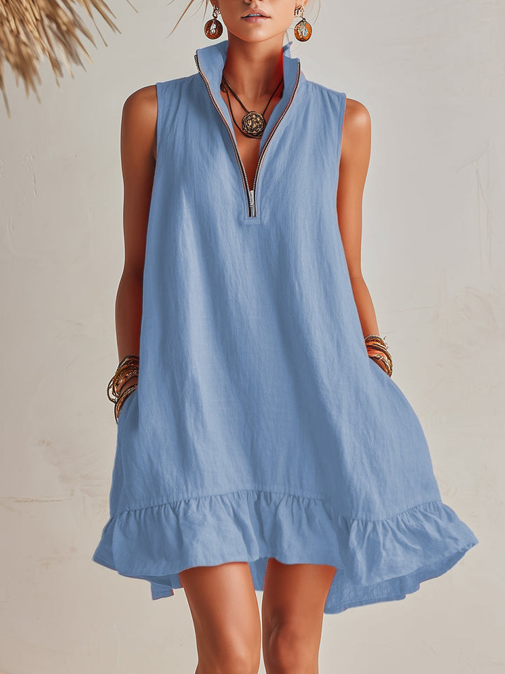Bright Orange Linen Half-Zip Mini Dress with Ruffle Hem and Stand-Up Collar
