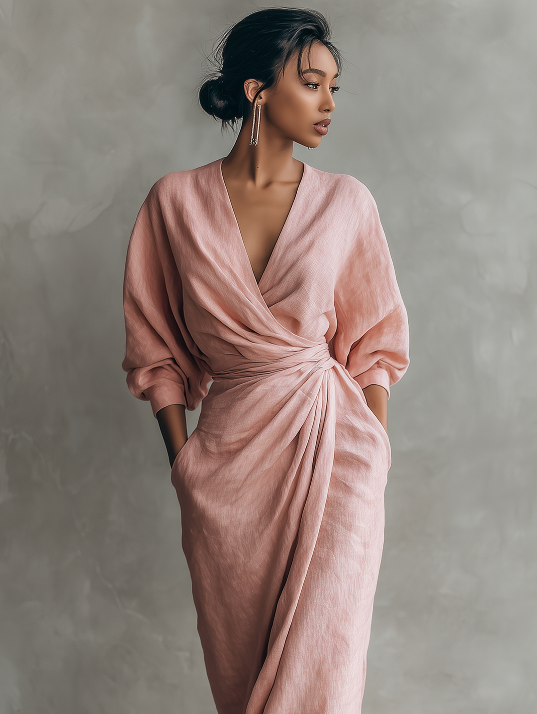 Women's Pink Minimalist V-Neck Maxi Dress