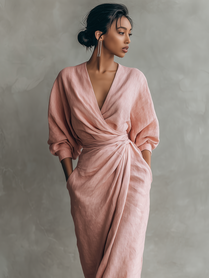 Women's Pink Minimalist V-Neck Maxi Dress