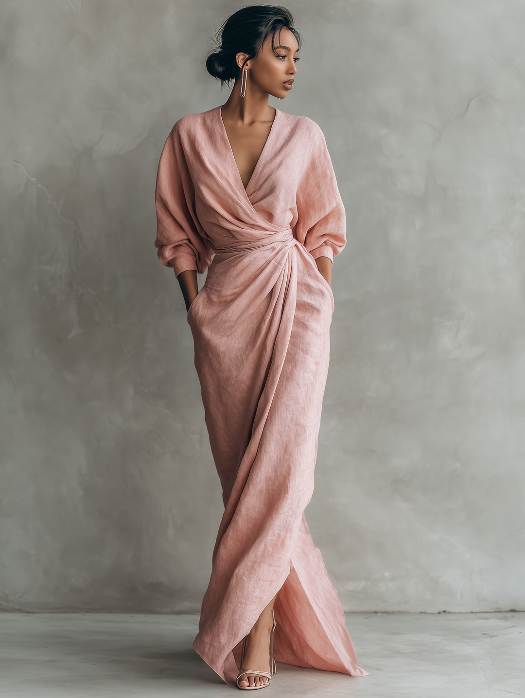 Women's Pink Minimalist V-Neck Maxi Dress