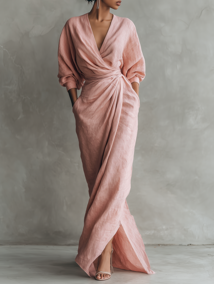 Women's Pink Minimalist V-Neck Maxi Dress