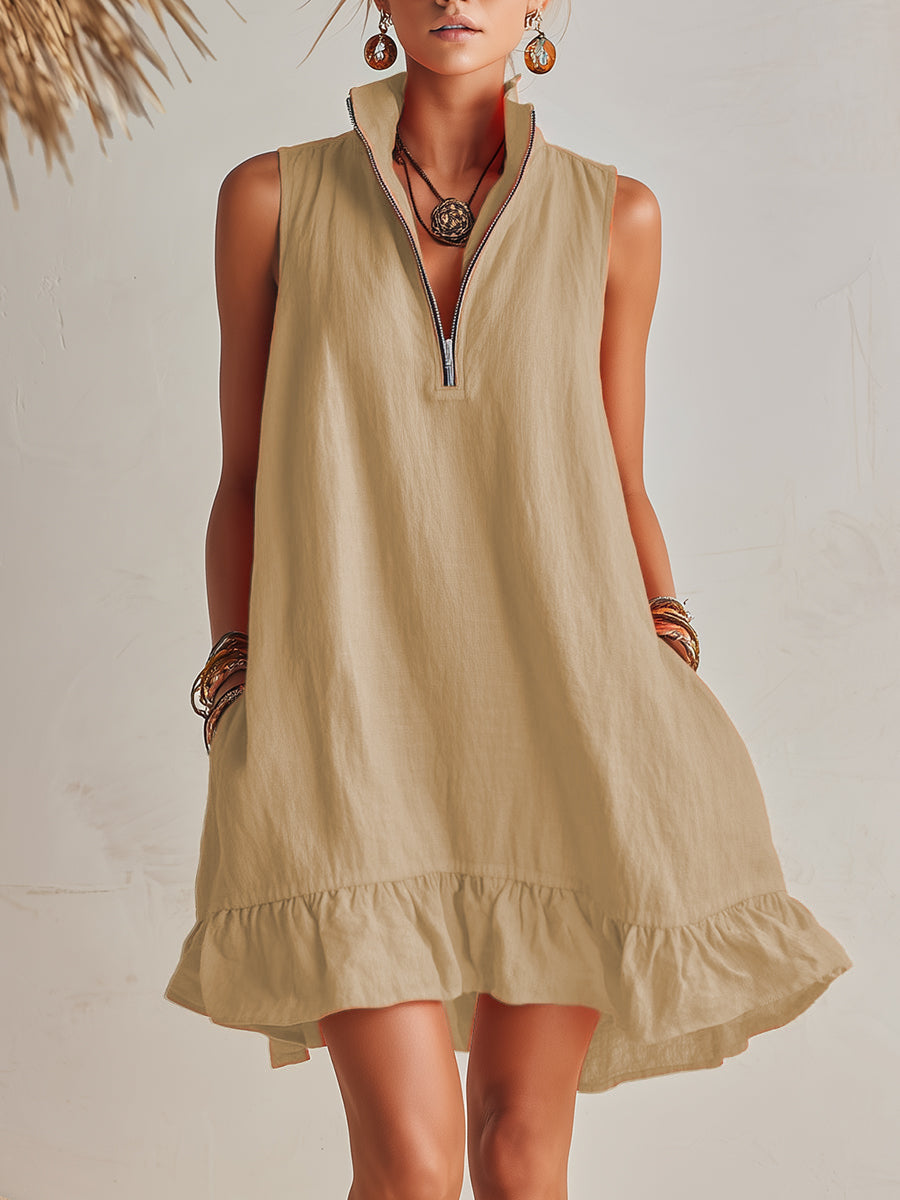 Bright Orange Linen Half-Zip Mini Dress with Ruffle Hem and Stand-Up Collar