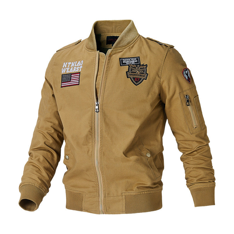 Men’s bomber jacket with patch appliqués and sleeve pocket
