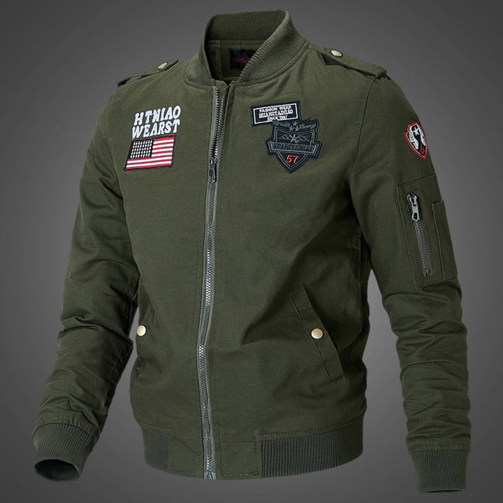 Men’s bomber jacket with patch appliqués and sleeve pocket