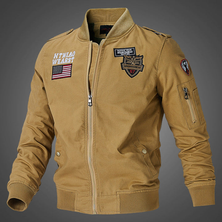 Men’s bomber jacket with patch appliqués and sleeve pocket