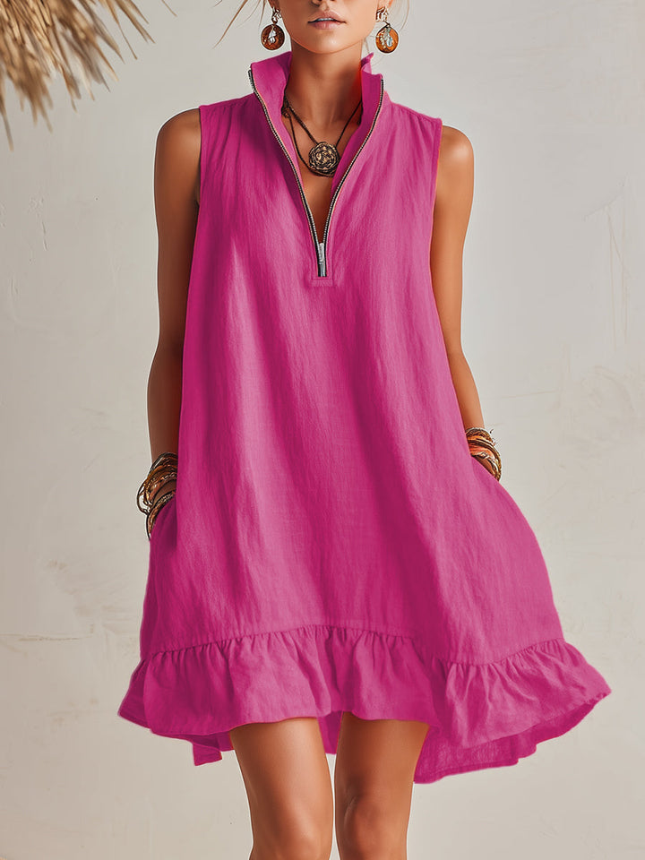Bright Orange Linen Half-Zip Mini Dress with Ruffle Hem and Stand-Up Collar