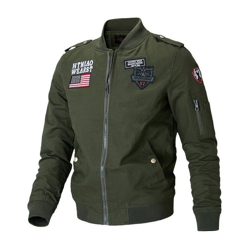 Men’s bomber jacket with patch appliqués and sleeve pocket