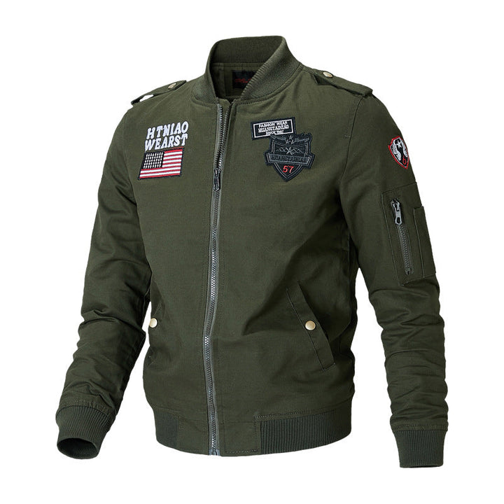 Men’s bomber jacket with patch appliqués and sleeve pocket