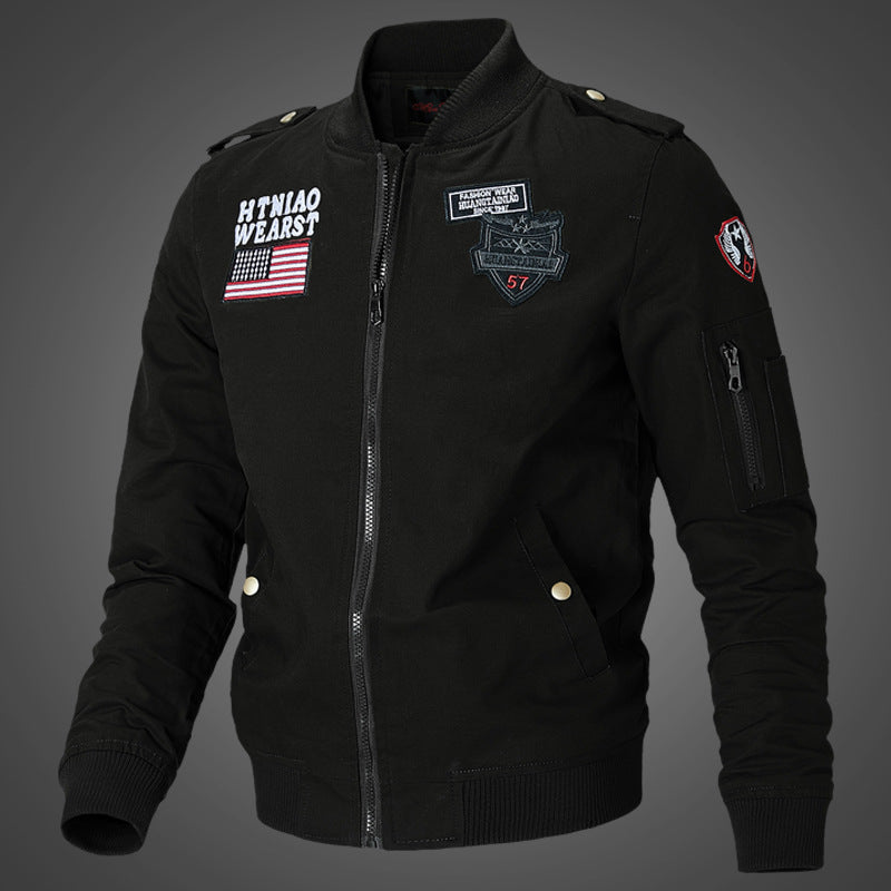 Men’s bomber jacket with patch appliqués and sleeve pocket