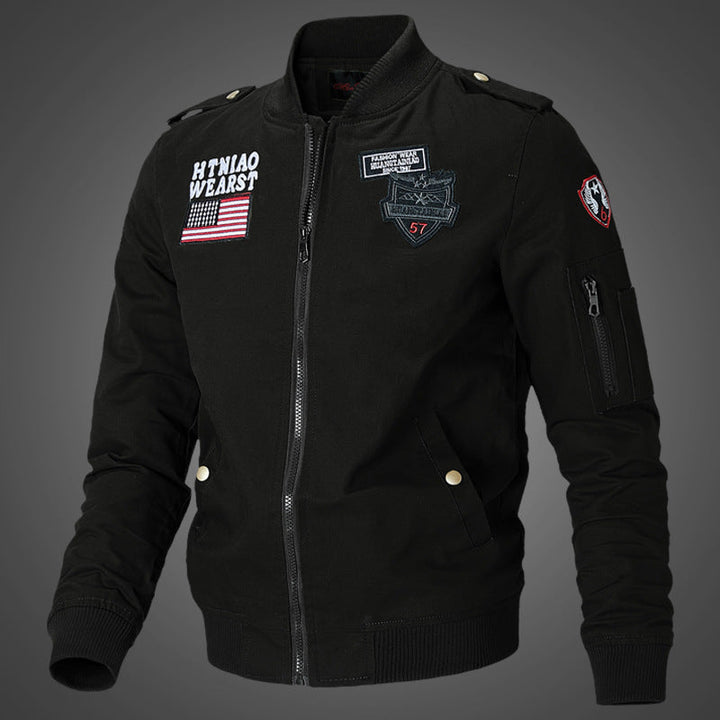Men’s bomber jacket with patch appliqués and sleeve pocket