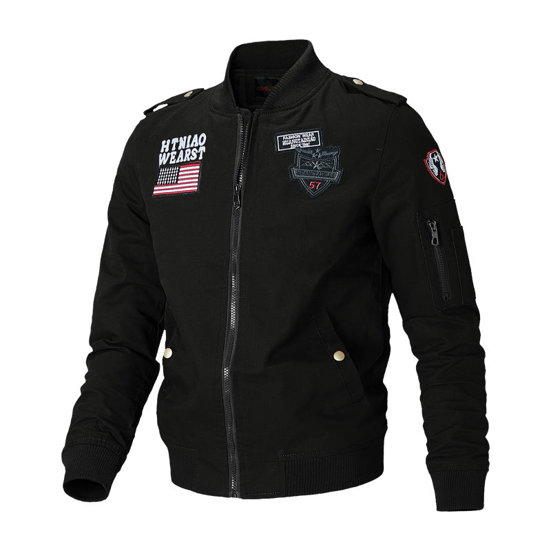 Men’s bomber jacket with patch appliqués and sleeve pocket