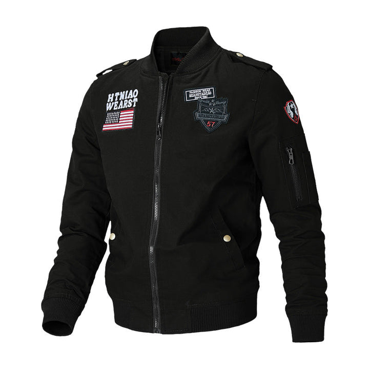 Men’s bomber jacket with patch appliqués and sleeve pocket