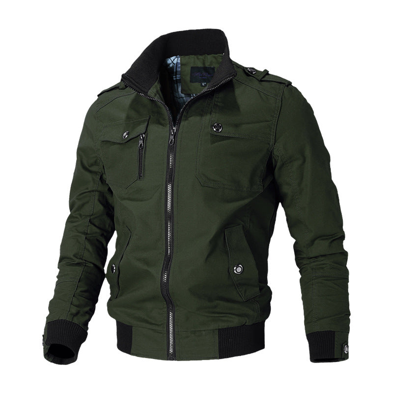 Men’s urban canvas bomber jacket with ribbed cuffs and multiple chest pockets