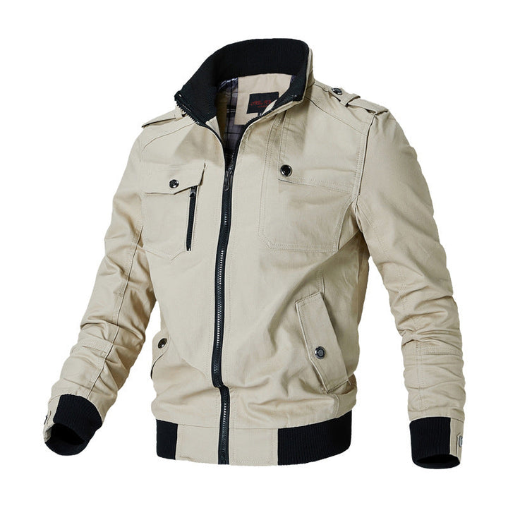 Men’s urban canvas bomber jacket with ribbed cuffs and multiple chest pockets