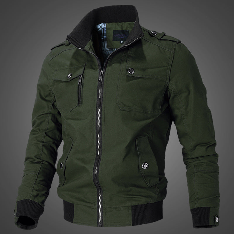 Men’s urban canvas bomber jacket with ribbed cuffs and multiple chest pockets