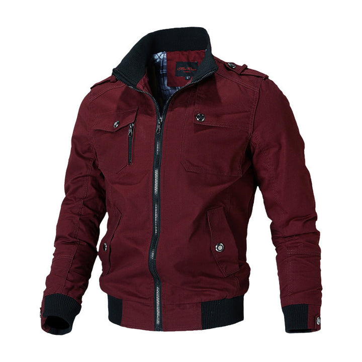 Men’s urban canvas bomber jacket with ribbed cuffs and multiple chest pockets