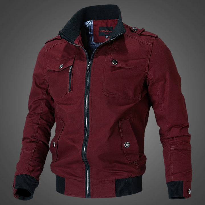 Men’s durable canvas bomber jacket with epaulettes and zip-front closure