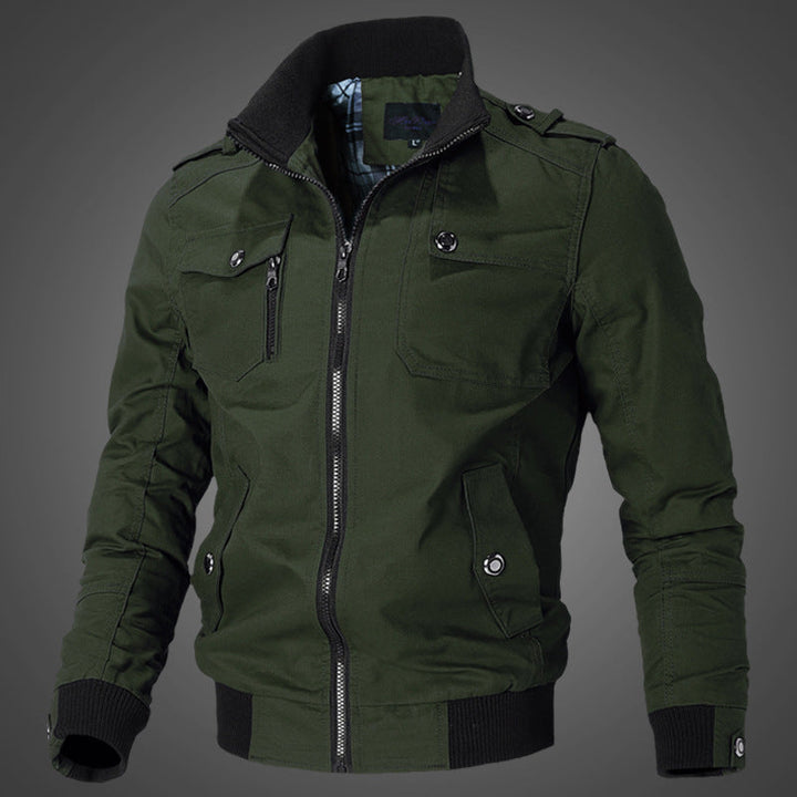 Men’s durable canvas bomber jacket with epaulettes and zip-front closure