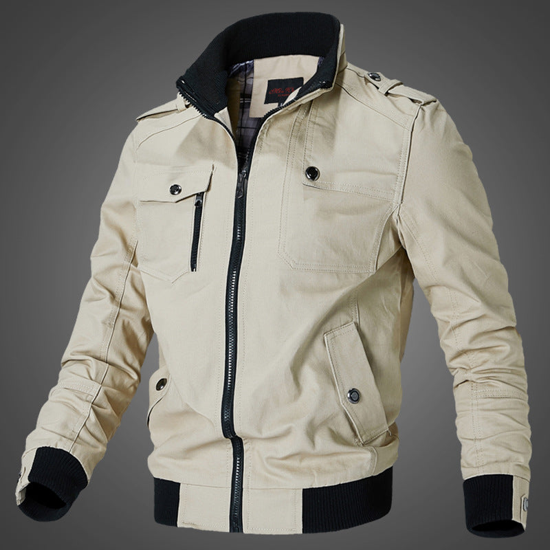 Men’s durable canvas bomber jacket with epaulettes and zip-front closure