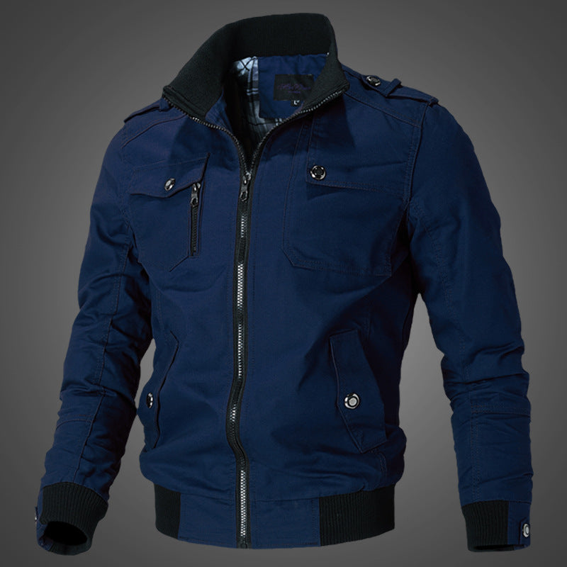Men’s durable canvas bomber jacket with epaulettes and zip-front closure