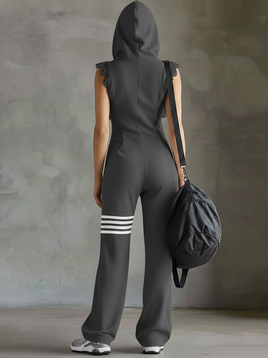 Retro-inspired black sleeveless hooded jumpsuit with sporty lace-up stripes