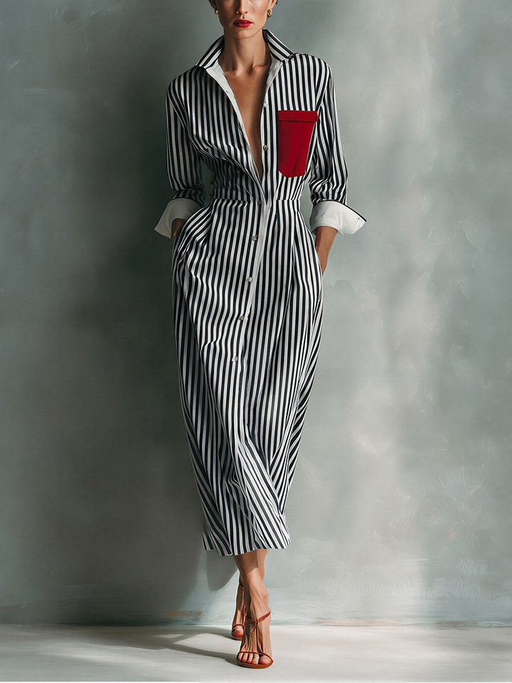 Women's shirt dress in blue and white with a red breast pocket