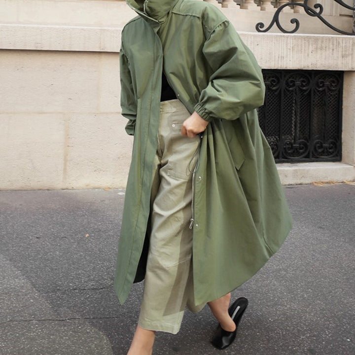 Women's oversized coat with stand-up collar, drawstring waist, and balloon sleeves