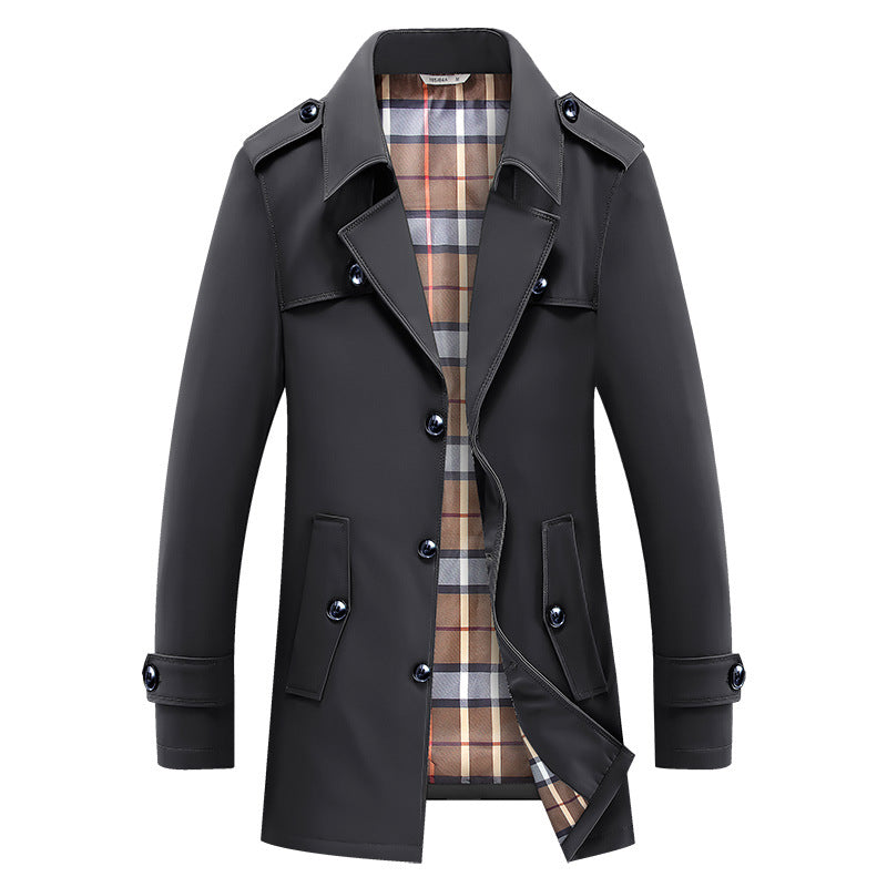 Men’s trench coat with checked lining and shoulder straps