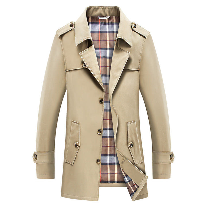 Men’s trench coat with checked lining and shoulder straps