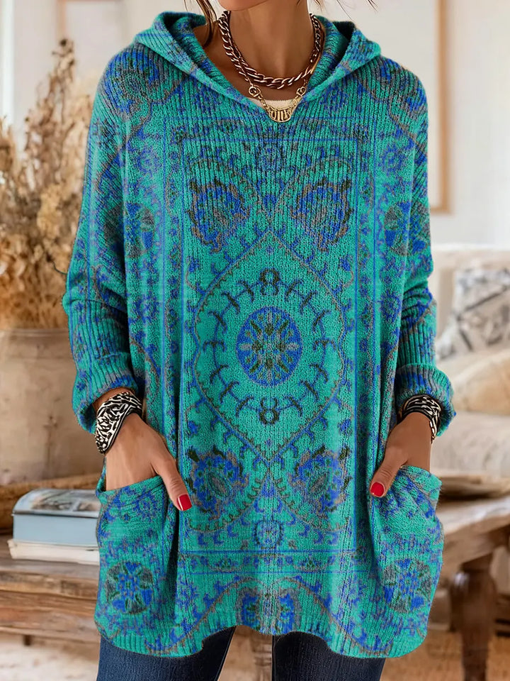 Vintage-Inspired Hooded Knit Tunic with Pockets and Ethnic Print