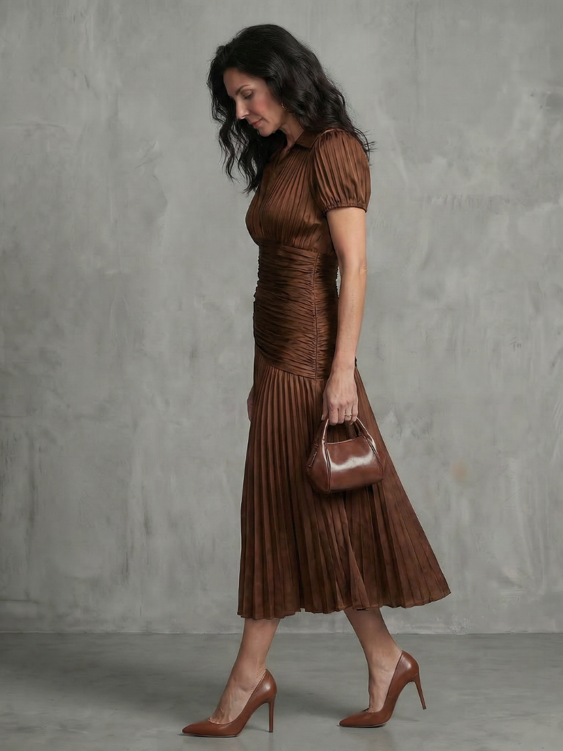 Theodora | Pleated Waist Panel Midi Dress