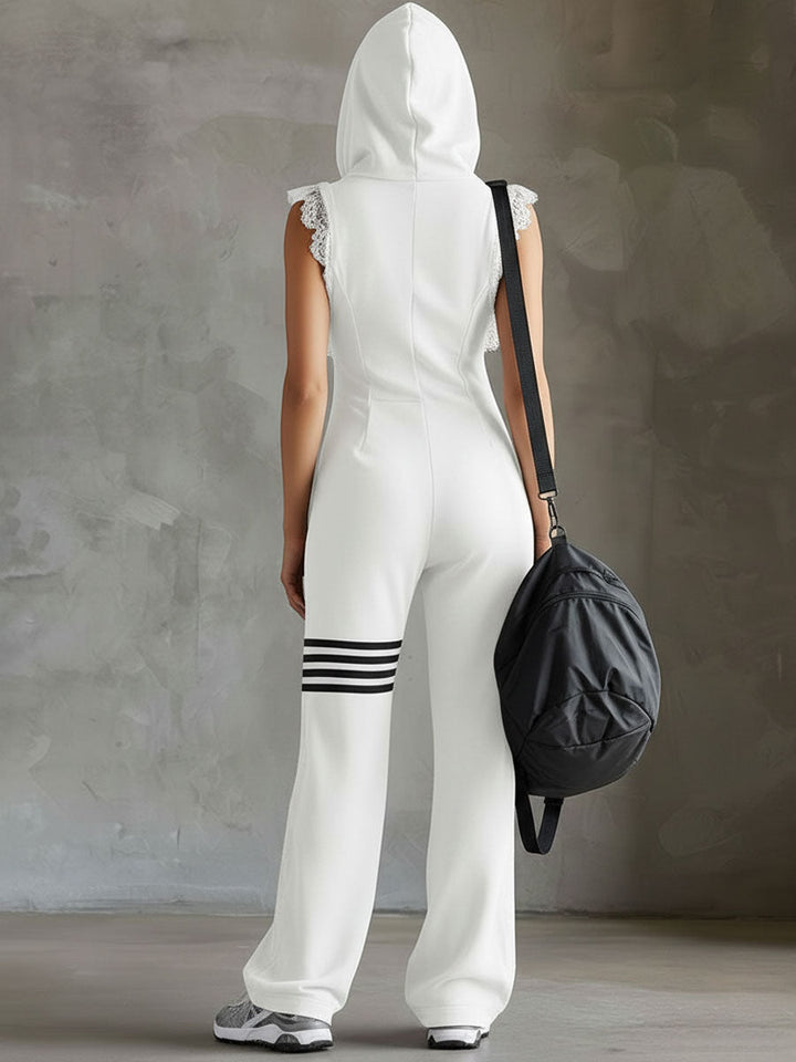 Retro-inspired black sleeveless hooded jumpsuit with sporty lace-up stripes