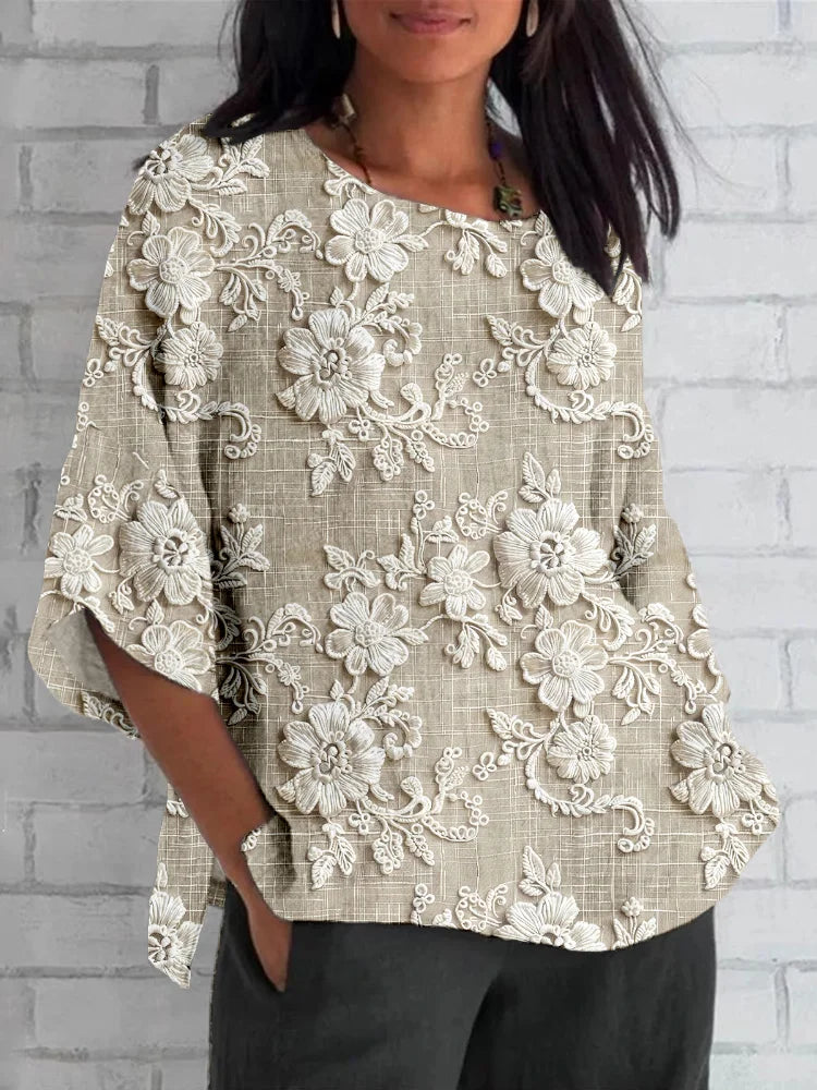 Larissa™ - Vintage Linen and Lace Blouse with Floral Pattern