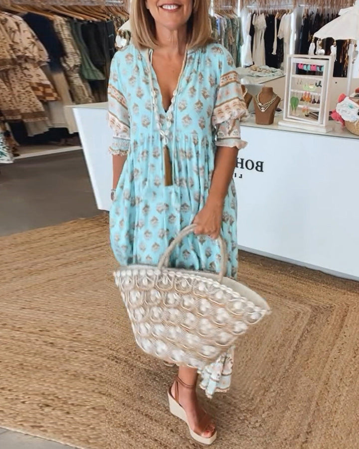 Giusy - Casual Printed V-Neck Dress With Half Sleeves